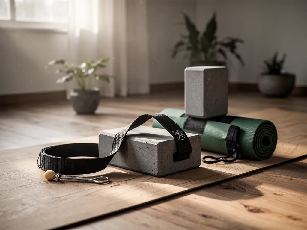 Une brique de yoga en liège et une sangle en coton posées côte à côte sur un tapis de yoga vert, avec une plante d'intérieur