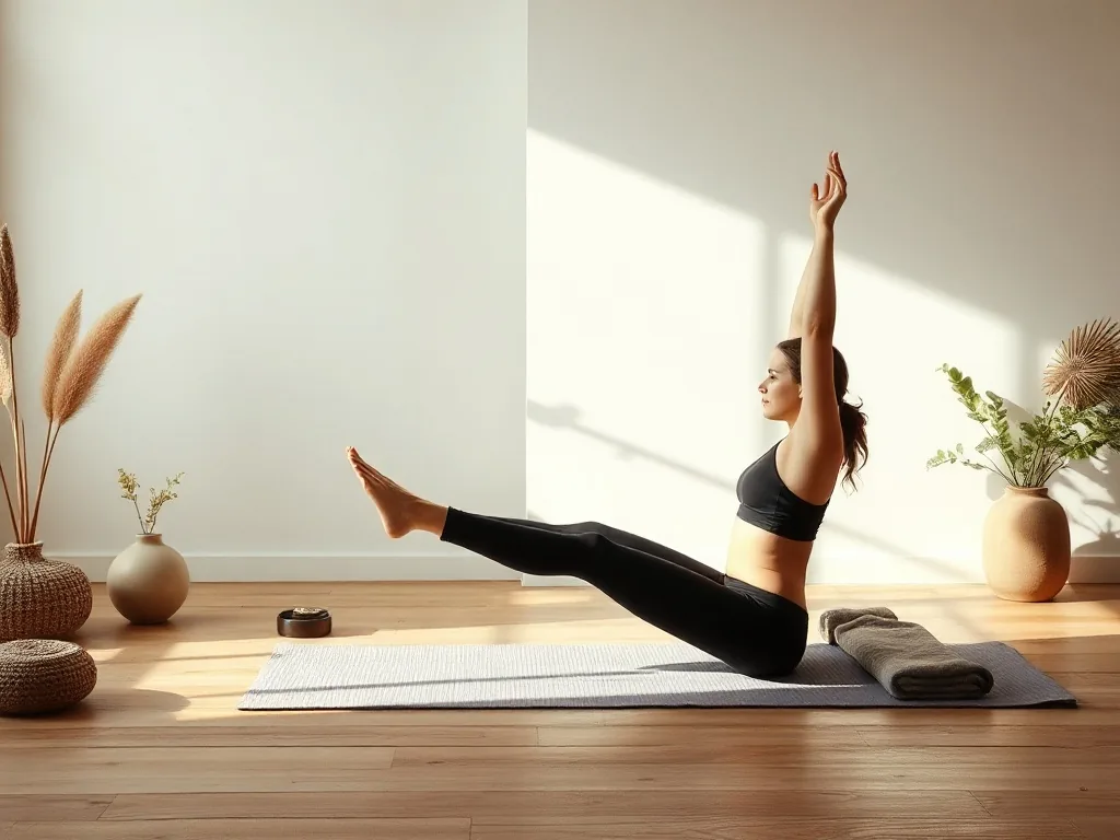 Une personne réalisant la posture du chien tête en bas sur un tapis de yoga, avec un tableau des postures accroché au mur en