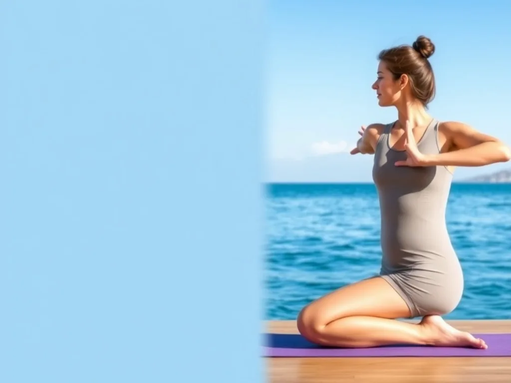 Une femme assise sur un tapis de yoga dans un salon lumineux, elle fait un étirement du dos en douceur. Un ordinateur