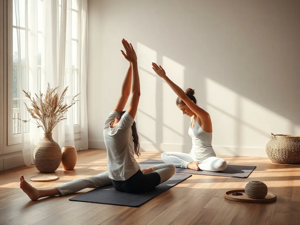 Une femme assise sur un tapis, jambes tendues, le buste incliné vers l'avant, une tablette posée au sol diffuse une séance