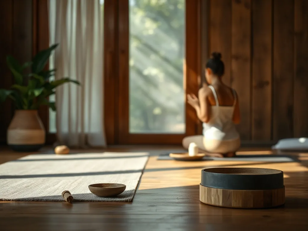 Une femme assise en tailleur sur un tapis, un manuel de yoga ouvert devant elle posé sur une brique, dans un salon lumineux
