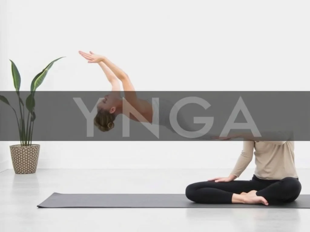 Une femme assise en tailleur devant un ordinateur portable, un carnet de notes ouvert à côté et une brique de yoga au sol