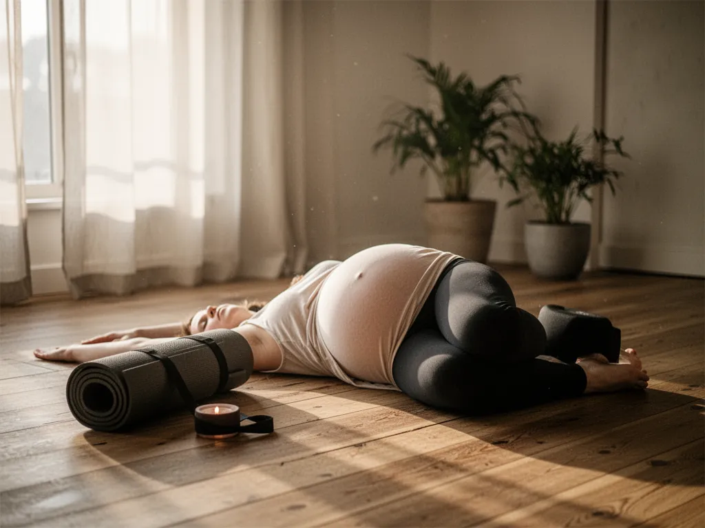 Une professeure de yoga ajuste doucement la posture d'une femme enceinte pendant une séance, toutes deux sont assises sur