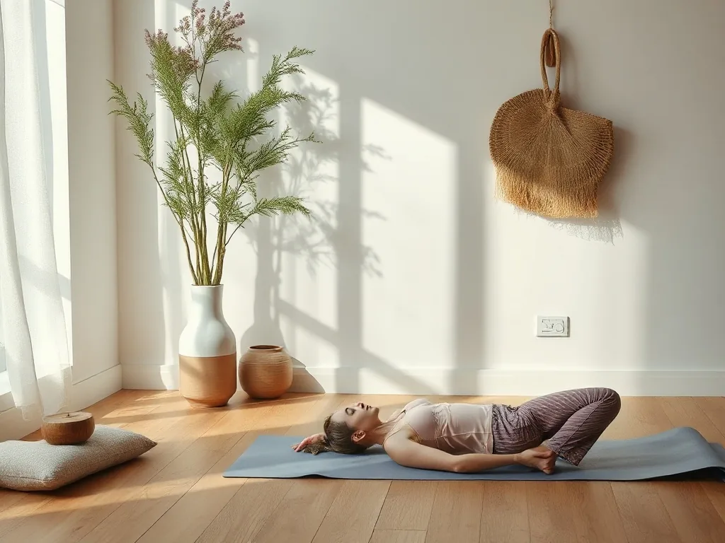 Une femme assise sur un tapis de yoga, une main posée sur le bas du dos, le visage légèrement crispé, dans une posture de