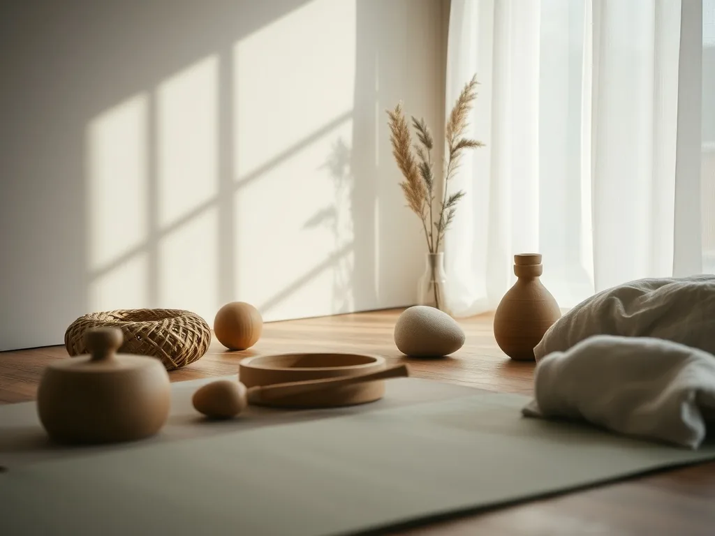 Un téléphone posé sur une brique de yoga, cadrant un tapis avec une silhouette en guerrier II, dans un salon baigné de