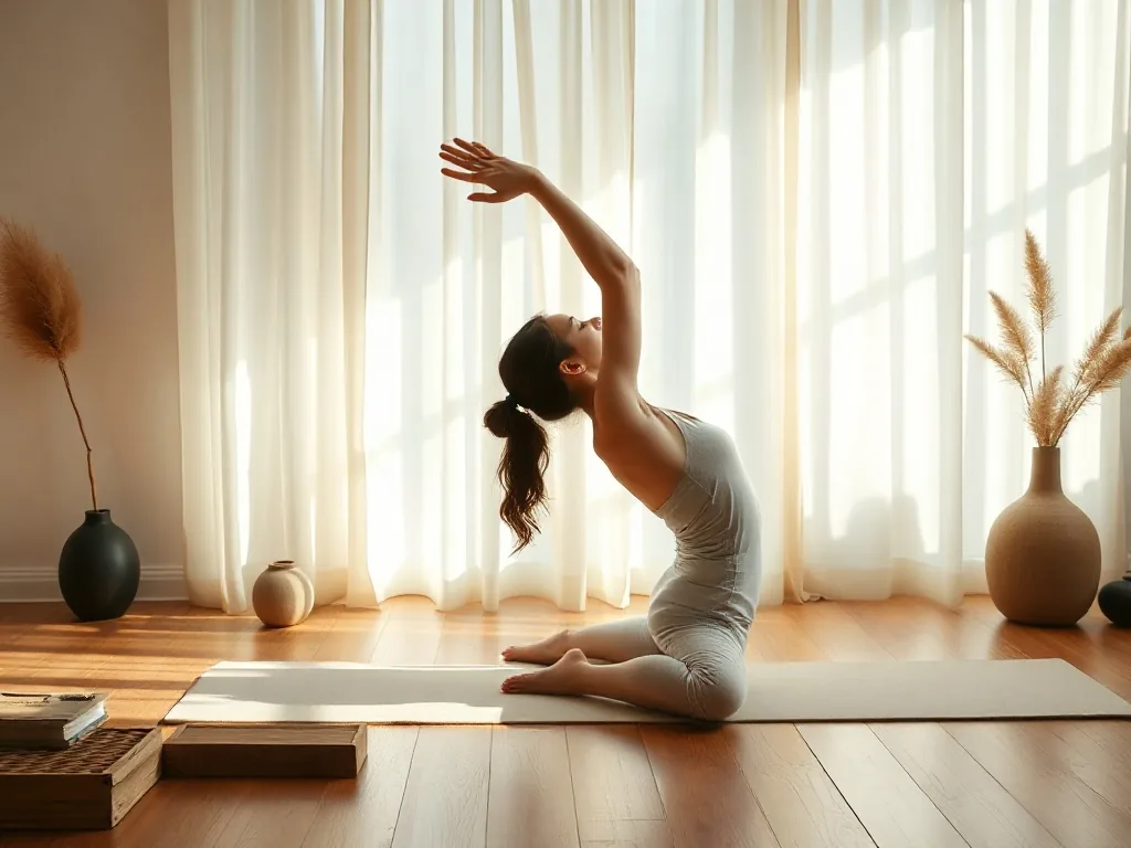 Une femme allongée sur un tapis de yoga, jambes repliées, une main sur le ventre, l'autre le long du corps, dans une posture
