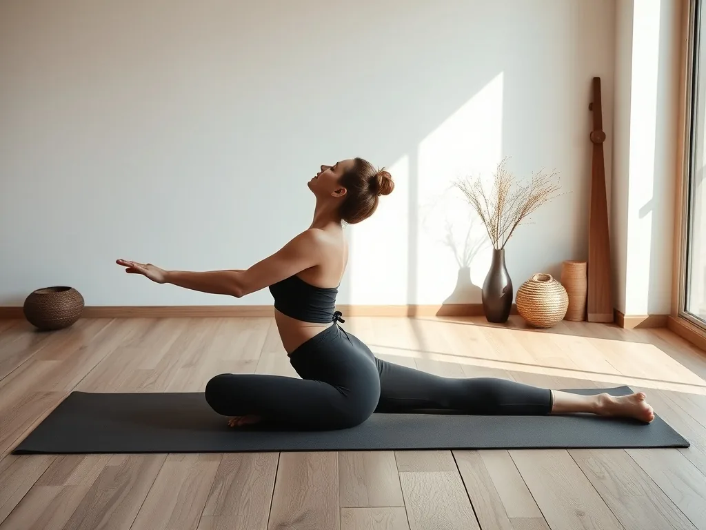 Une personne essaie la posture du corbeau sur un tapis de yoga, les mains ancrées, le regard fixe, un coussin placé devant