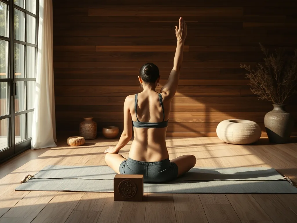 Un tapis de yoga déroulé avec une grille de mots-fléchés posée à côté, un crayon en travers des cases, lumière douce du matin