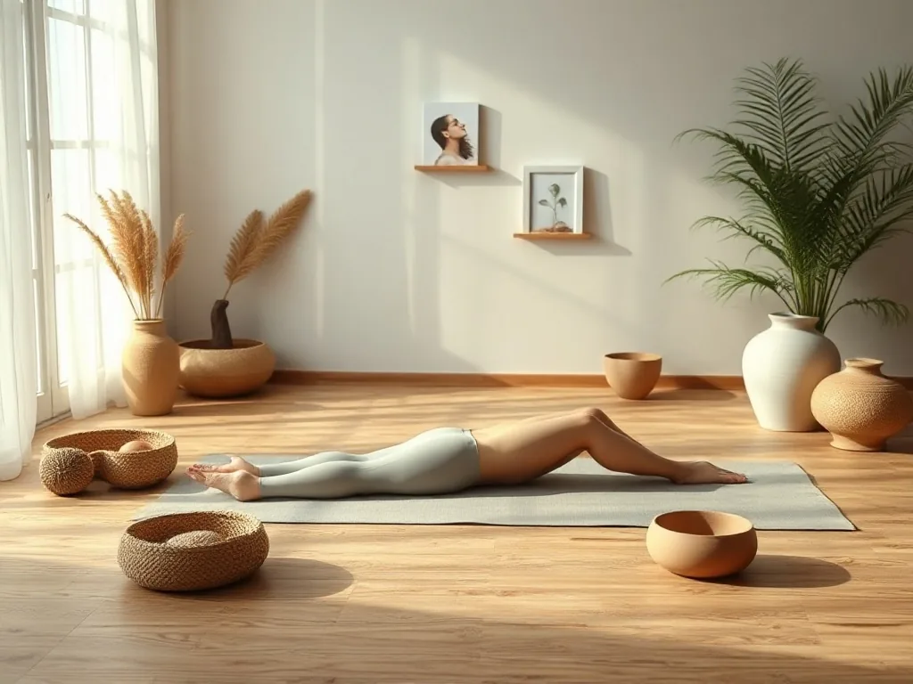 Une femme en posture du lézard sur un tapis de yoga, le genou arrière au sol, les avant-bras posés à l'intérieur de la jambe