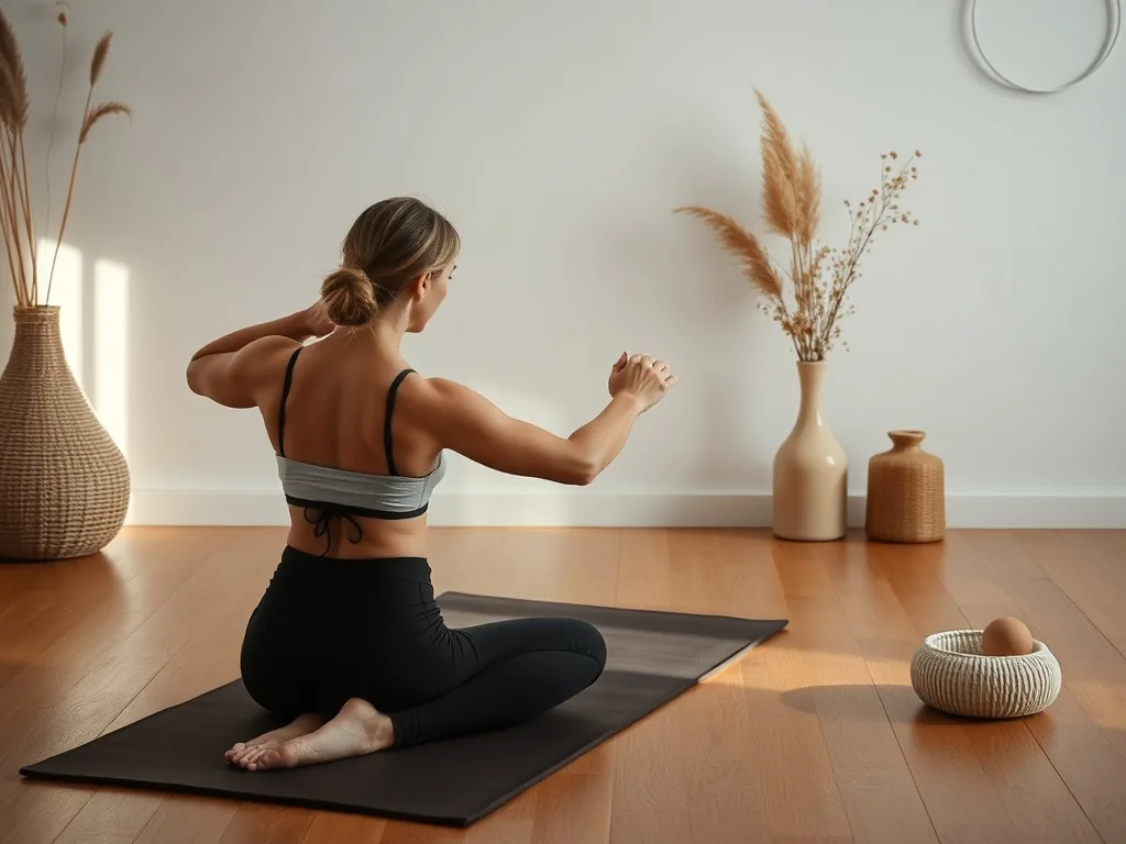 Une femme allongée sur le dos sur un tapis de yoga, genoux repliés, les mains posées sur le ventre, dans un salon baigné de