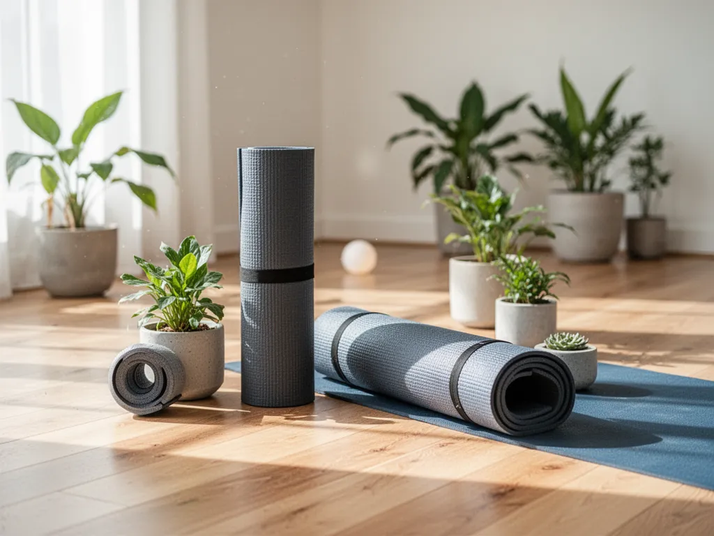 Une sangle de yoga enroulée autour d'un tapis avec des blocs de yoga en fond.