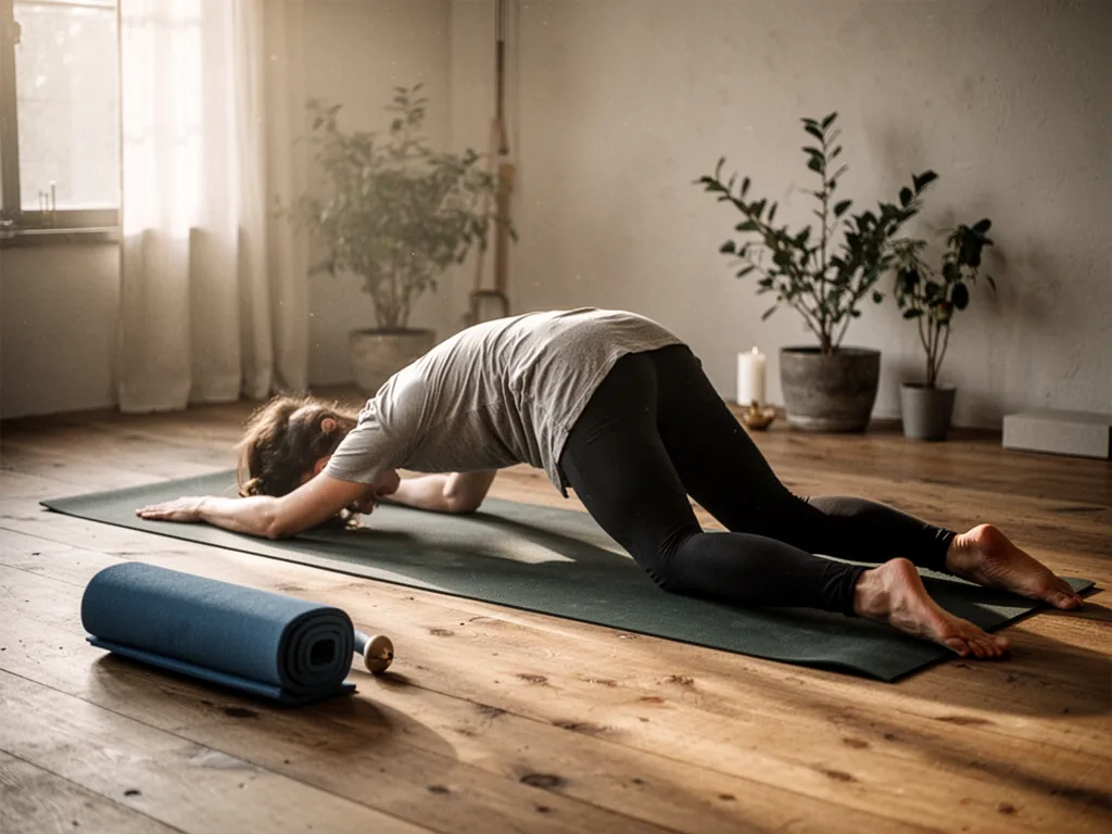 Une femme assise sur un tapis de yoga, jambes écartées dans une posture de papillon, le buste incliné vers l'avant, un