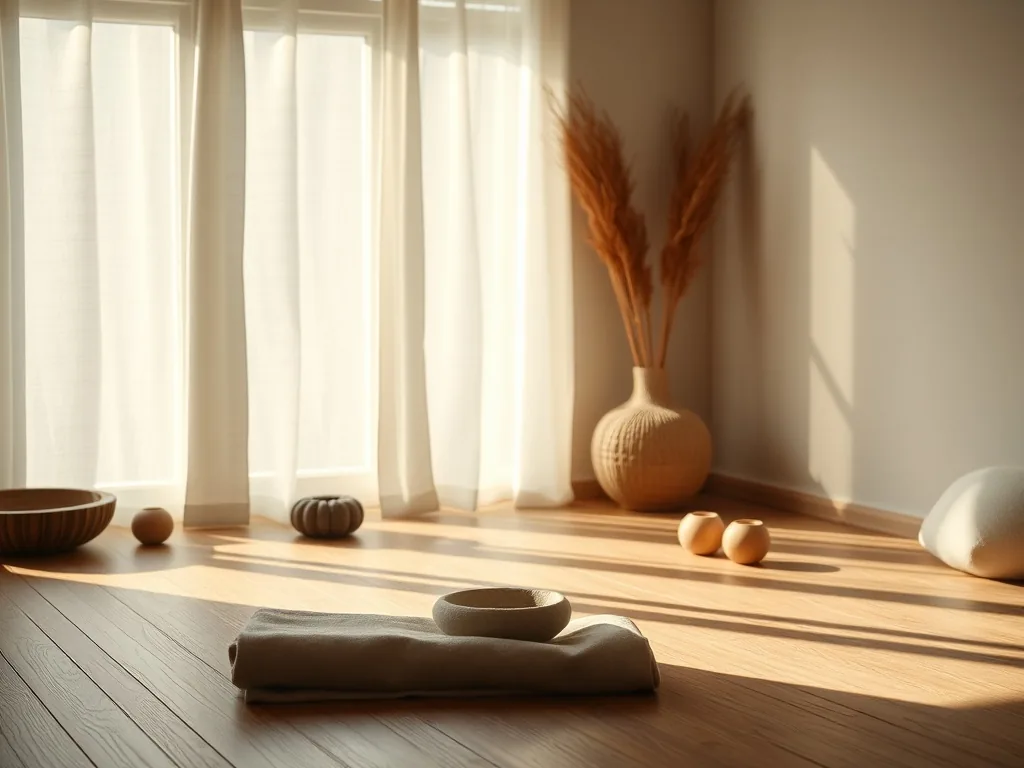 Une femme assise en posture du papillon sur un tapis de yoga, dans un salon lumineux, les yeux fermés, les mains posées sur
