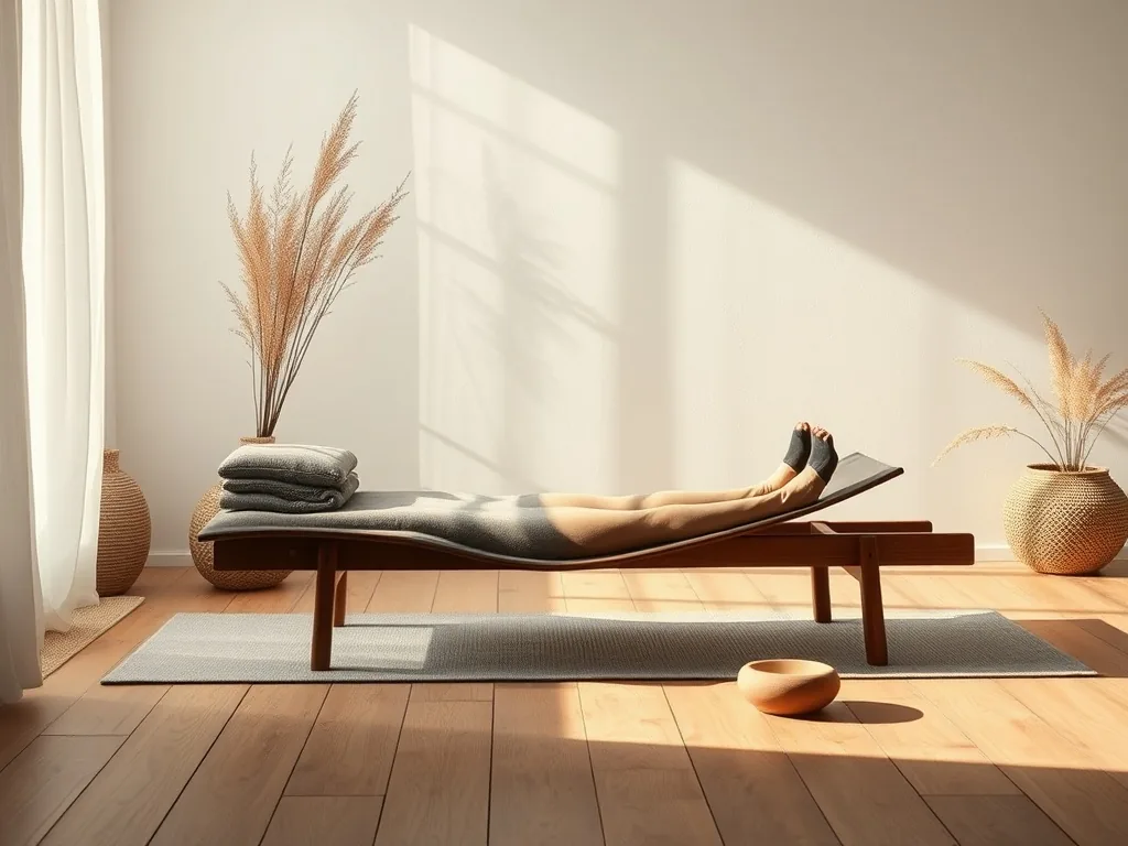 Une femme âgée assise sur une chaise dans un salon clair, les bras levés en posture de yoga, le dos droit et les pieds