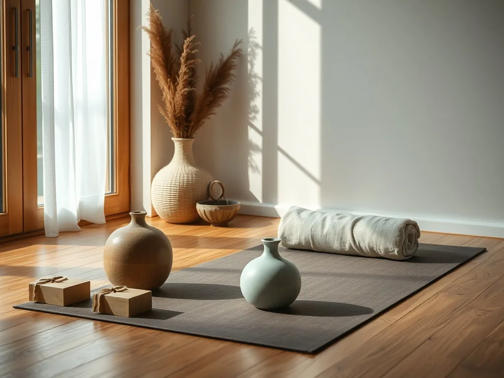 Une femme debout sur un tapis de yoga dans un salon lumineux, les mains jointes devant la poitrine, prête à commencer une