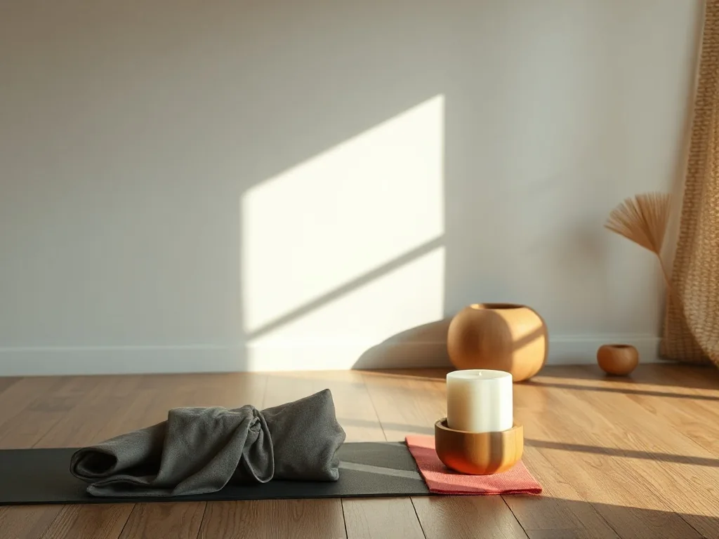 Une femme en tenue confortable est assise jambes croisées sur un tapis de yoga dans un salon lumineux, les mains posées sur