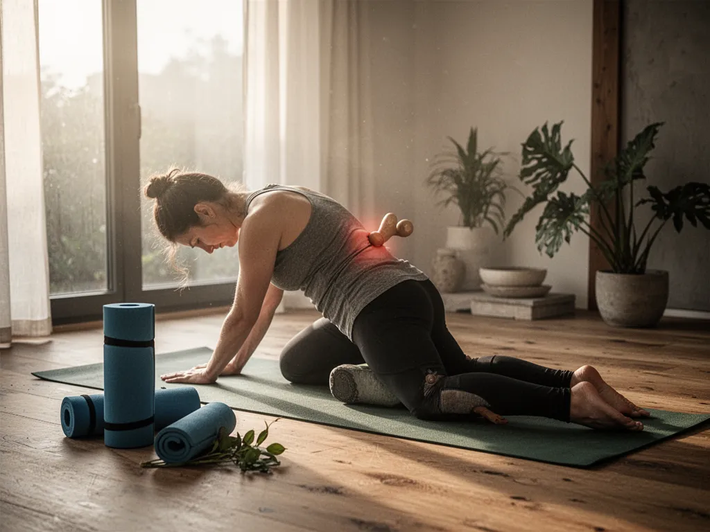 Femme allongée sur un tapis de yoga, genoux pliés, mains posées sur le bas du ventre, dans une posture de détente lombaire