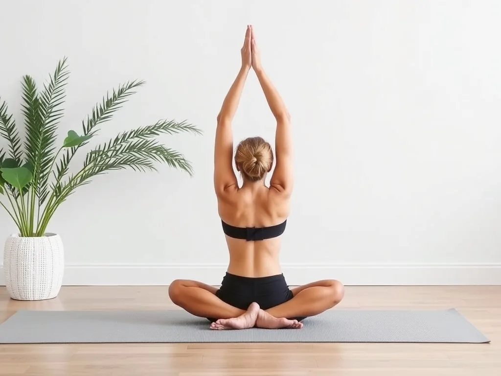 Une femme en tenue confortable pratique le yoga dans son salon, debout sur un tapis, elle initie la posture de l’arbre avec