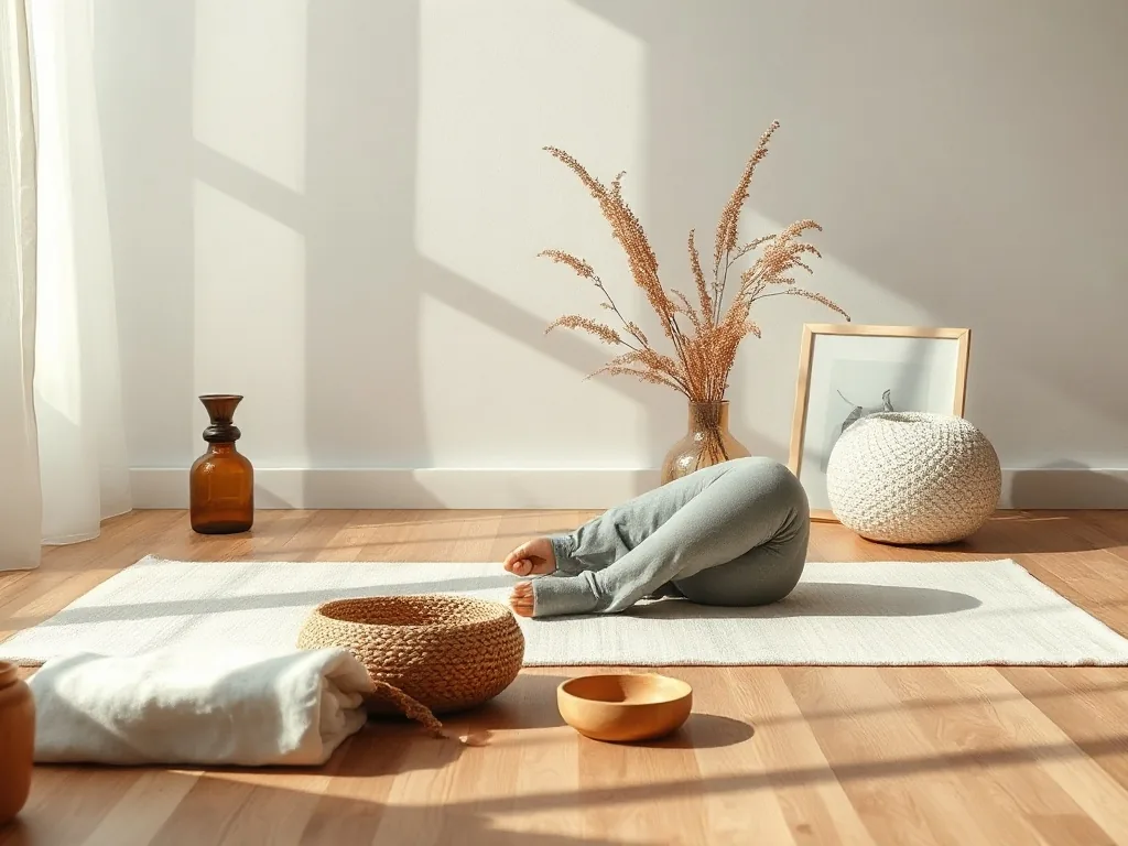 Une femme assise en tailleur sur un tapis de yoga, une main posée sur le bas du dos, l'autre sur le ventre, les yeux fermés