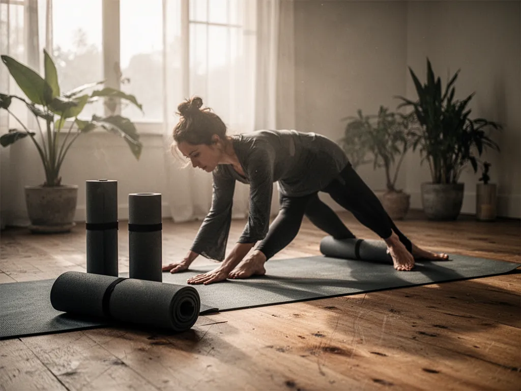 Une femme débutante pratique une posture d'ouverture des hanches sur un tapis dans un salon, avec une brique de yoga à