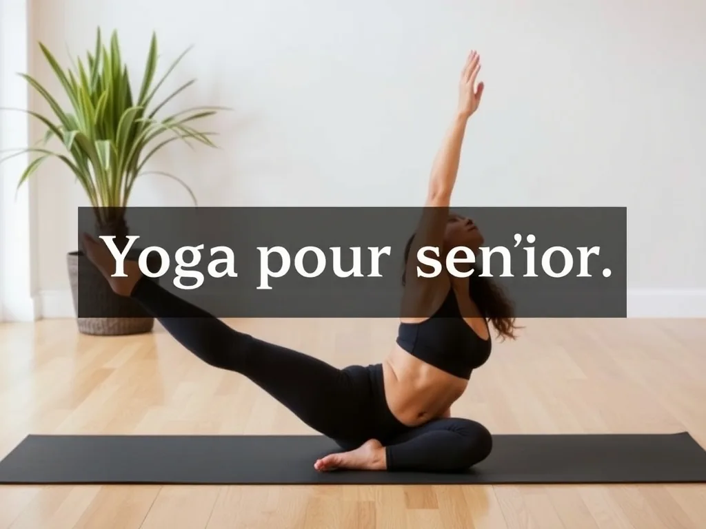 Une femme aux cheveux gris tient la posture de l’arbre dans un salon lumineux, une chaise en bois placée à côté du tapis