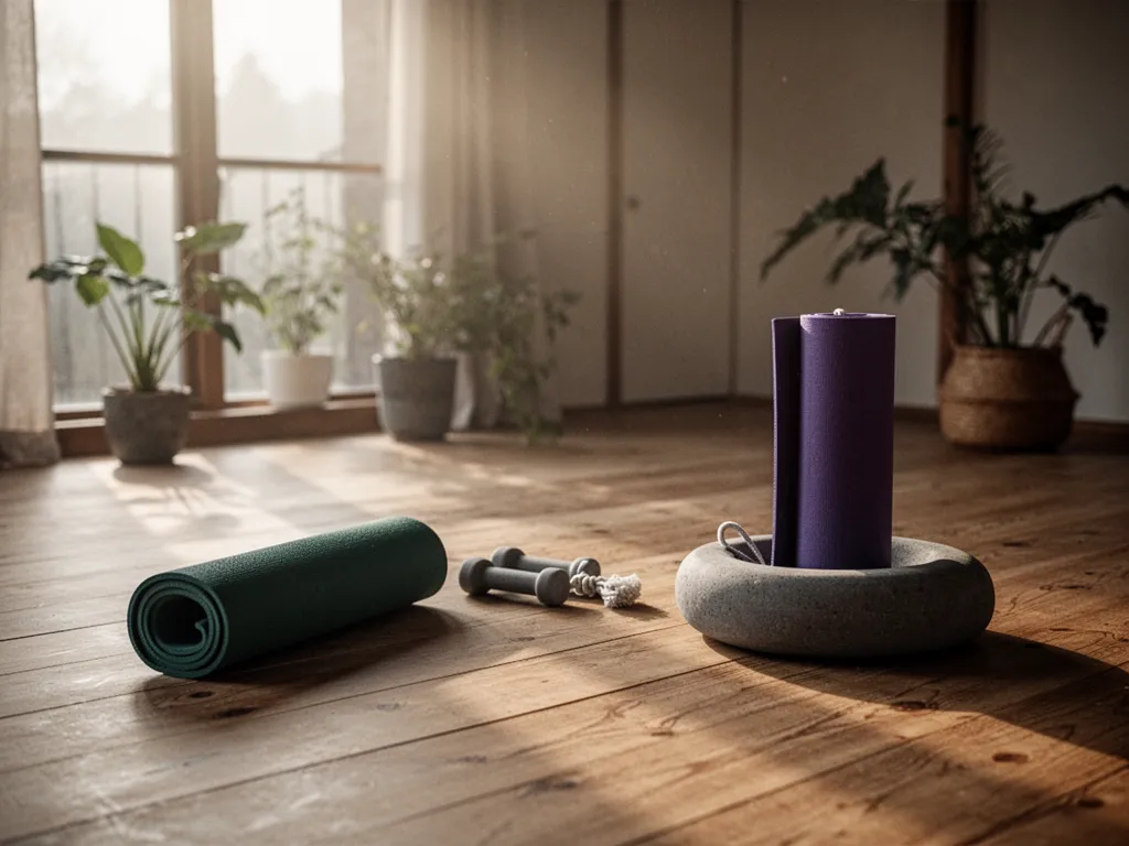 Une femme senior en tenue confortable pratique une posture de yoga debout, une main posée sur le dossier d'une chaise en