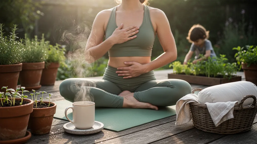 Une femme assise en tailleur sur un tapis de yoga, les yeux fermés, dans une pièce lumineuse avec des bougies et une plante